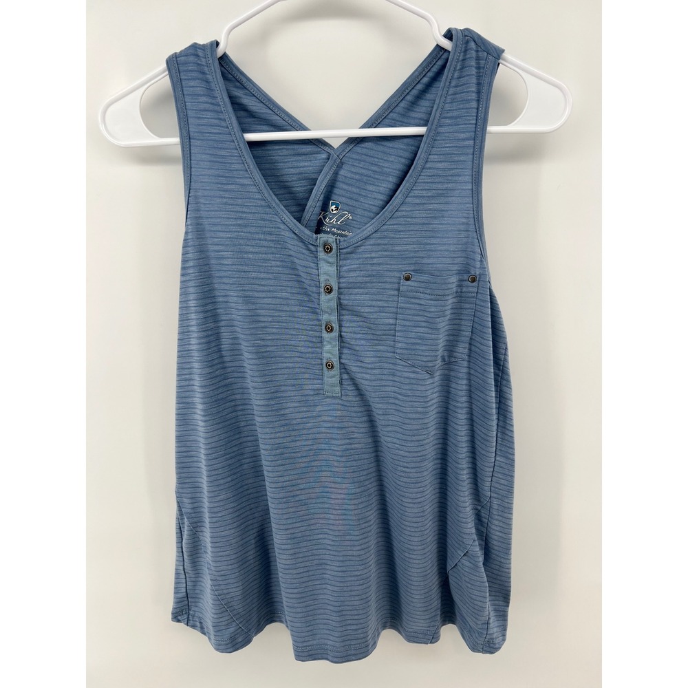 Kuhl Women S Henley Tank Top Blue Striped Cross Back Tulip Hem Granola Hike Gorp